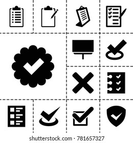 Checkmark icons. set of 13 editable filled checkmark icons such as clipboard, board, tick, check list, checklist, cross