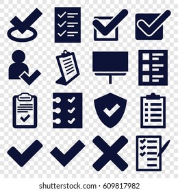 Checkmark icons set. set of 16 checkmark filled icons such as clipboard, board, check list, tick, checklist, add user, cross