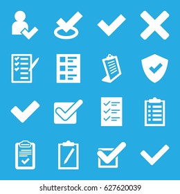 Checkmark icons set. set of 16 checkmark filled icons such as clipboard, check list, tick, checklist, add user, cross