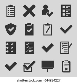 Checkmark icons set. set of 16 checkmark filled icons such as board, check list, tick, clipboard, checklist, add user, cross