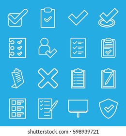 checkmark icons set. Set of 16 checkmark outline icons such as clipboard, board, check list, checklist, tick, add user, cross