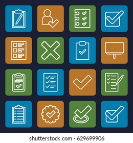 Checkmark icons set. set of 16 checkmark outline icons such as board, check list, tick, clipboard, checklist, add user