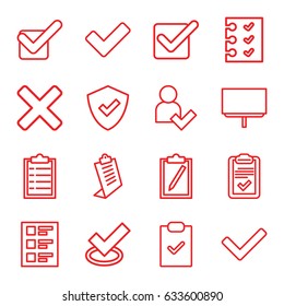 Checkmark icons set. set of 16 checkmark outline icons such as clipboard, board, tick, checklist, add user, cross