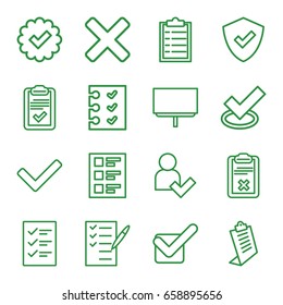 Checkmark icons set. set of 16 checkmark outline icons such as clipboard, board, check list, checklist, tick, add user, cross
