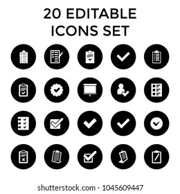 Checkmark icons. set of 20 editable filled checkmark icons such as clipboard, tick, check list, checklist, add user. best quality checkmark elements in trendy style.