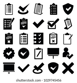 Checkmark icons. set of 25 editable filled checkmark icons such as clipboard, board, shield, tick, checklist, add user, cross
