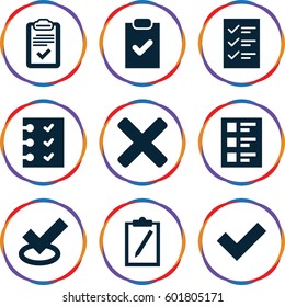 checkmark icons set. Set of 9 checkmark filled icons such as clipboard, checklist, cross