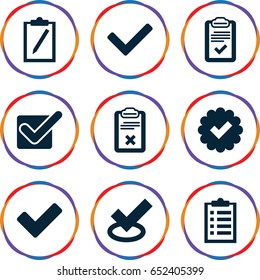 Checkmark icons set. set of 9 checkmark filled icons such as tick, clipboard