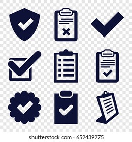 Iconos de marca de verificación establecidos. conjunto de 9 iconos rellenos de marcas de verificación como Portapapeles, graduación, lista de comprobación