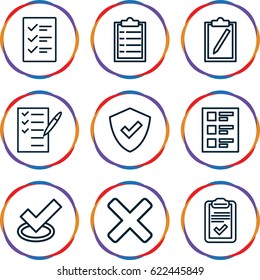 Checkmark icons set. set of 9 checkmark outline icons such as check list, clipboard, checklist, cross, shield