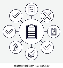 Checkmark icons set. set of 9 checkmark outline icons such as clipboard, tick, checklist