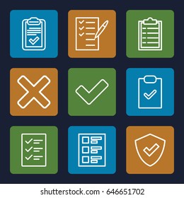 Checkmark icons set. set of 9 checkmark outline icons such as check list, tick, clipboard, checklist, cross