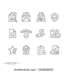 checkmark icons set, confirm terms outline, quality, approve concept, thin line symbols on white background - editable stroke vector illustration eps 10