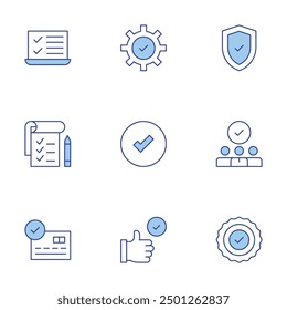 Checkmark icons set. Line Duotone style, editable stroke. staff, verification, approval, task list, testing, best practice, yes, check, credit card.