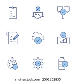 Checkmark icons set. Line Duotone style, editable stroke. cloud computing, check mark, battery, good signal, answer, deal, shopping list, check list, time.