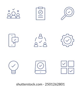 Checkmark icons set. Thin Line style, editable stroke. team, checkmark, phone, bulb, data storage, candidate, check, select, search.