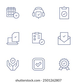 Checkmark icons set. Thin Line style, editable stroke. prize, good review, task, calendar, protection, checklist, survey, done.