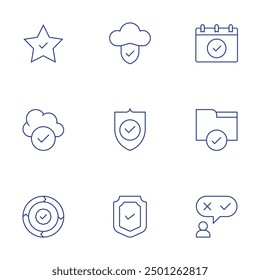 Checkmark icons set. Thin Line style, editable stroke. cloud data, security, cloud computing, star, calendar, candidate, tick, renew, shield.