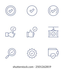 Checkmark icons set. Thin Line style, editable stroke. checked, validated, best practice, yes, verify, search, check, container, wallet.