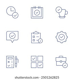 Checkmark icons set. Thin Line style, editable stroke. check mark, select, clipboard, time, good, customer satisfaction, suitcase, check, coffee.