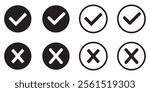 Checkmark icons set. Tick and cross sign. Black check mark and black X cross icon isolated on white background.