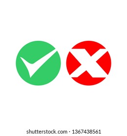 Checkmark icons set. Tick and cross sign. Green check mark and red X cross icon isolated on white background. Simple marks graphic flat design. Circle shape YES and NO button. Vector illustration. Mod