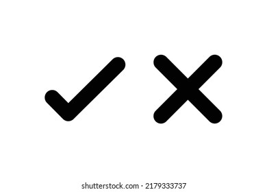 Checkmark icons set. Tick and cross sign. Black check mark and black X cross icon isolated on white background.