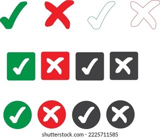 Checkmark icons set. Tick and cross sign. Green check mark and red X cross icon isolated on white