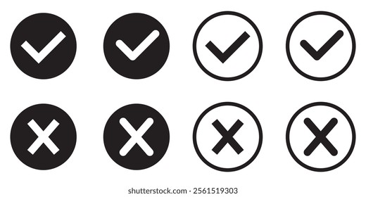 Checkmark icons set. Tick and cross sign. Black check mark and black X cross icon isolated on white background.