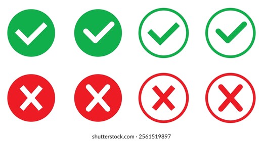 Checkmark icons set. Tick and cross sign. Green tick and Red X mark icon vector set.