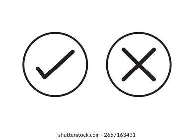 Conjunto de iconos de marca de verificación. Señal de garrapata y cruz. Marca de verificación negra e icono de cruz X negro aislado sobre fondo blanco.