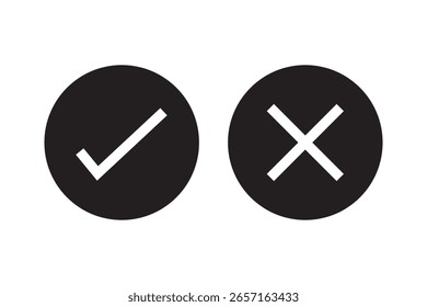 Conjunto de iconos de marca de verificación. Señal de garrapata y cruz. Marca de verificación negra e icono de cruz X negro aislado sobre fondo blanco.