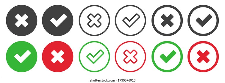 Checkmark icons set for web design. Accept v button, decline x cross button for Ui design. Flat buttons with red and green background. Answers for test questions with right and wrong options.
