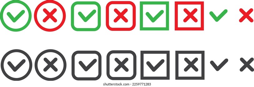 Checkmark icons set for web design. Accept v button, decline x cross button for Ui design. Flat buttons with red and green background. Answers for test questions with right and wrong options.