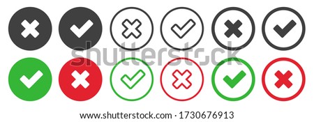 Checkmark icons set for web design. Accept v button, decline x cross button for Ui design. Flat buttons with red and green background. Answers for test questions with right and wrong options.