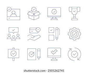 Checkmark icons. Thin Line style, editable stroke. vote, check, credit card, purchase, check mark, audience, verified user, approved, validated, trophy, administration, ballot.