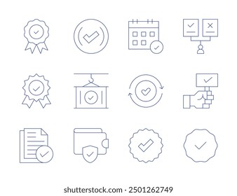 Checkmark icons. Thin Line style, editable stroke. validated, tick, reminder, check, container, wallet, badge, approve, validation, checked, choose, guarantee.
