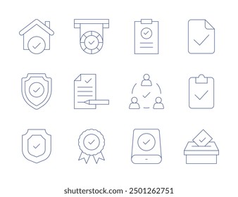 Checkmark icons. Thin Line style, editable stroke. team, checkmark, protection, check mark, house, shield, audit, voting box, data storage, document, medal, award.