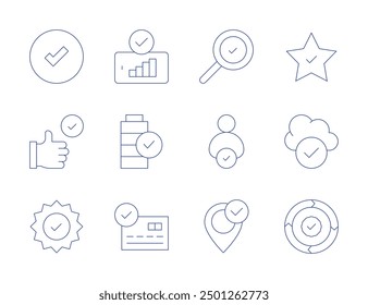 Checkmark icons. Thin Line style, editable stroke. best practice, yes, cloud computing, star, choose, checkmark, verify, renew, search, battery, good signal, credit card.