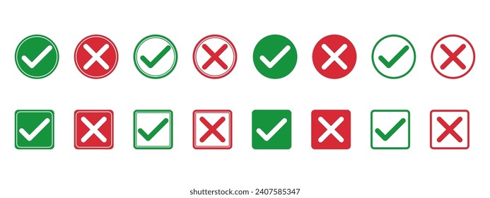 Checkmark icons Tick and cross Green check mark and red x cross. all are 16 icons. illustration eps 10