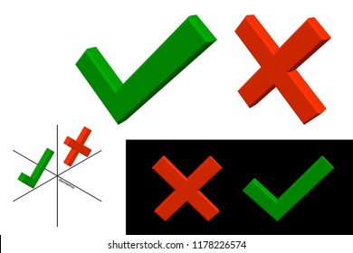 Checkmark icons. Tick and cross sign. Isolated on white background. 3d Vector illustration. Different viewes.