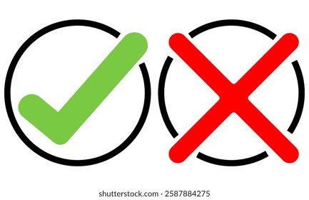 Checkmark icons tick and cross sign green check mark and red x cross on white background. Circle shape yes correct and no wrong button, black color. Done. Tick check mark icon vector illustration. 10