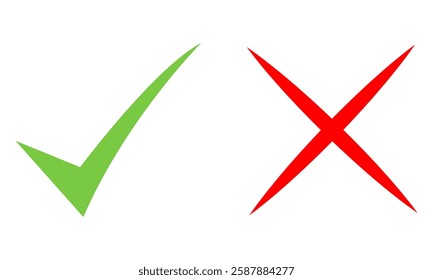 Checkmark icons tick and cross sign green check mark and red x cross on white background. Circle shape yes correct and no wrong button, black color. Done. Tick check mark icon vector illustration. 10