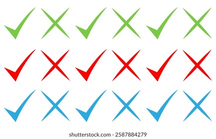 Checkmark icons tick and cross sign green check mark and red x cross on white background. Circle shape yes correct and no wrong button, black color. Done. Tick check mark icon vector illustration. 10