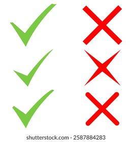 Checkmark icons tick and cross sign green check mark and red x cross on white background. Circle shape yes correct and no wrong button, black color. Done. Tick check mark icon vector illustration. 10