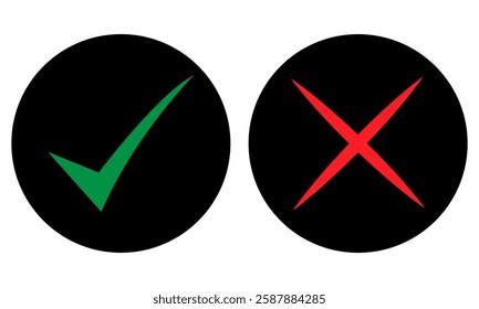 Checkmark icons tick and cross sign green check mark and red x cross on white background. Circle shape yes correct and no wrong button, black color. Done. Tick check mark icon vector illustration. 10