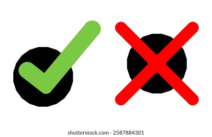 Checkmark icons tick and cross sign green check mark and red x cross on white background. Circle shape yes correct and no wrong button, black color. Done. Tick check mark icon vector illustration. 10