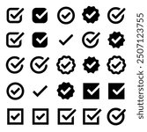 Checkmark icons. Checkmark vector set. Checked check box sign. Approved symbol. Check mark icon. Correct vote choice isolated symbol. Vector Illustration.