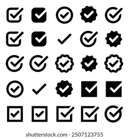 Checkmark icons. Checkmark vector set. Checked check box sign. Approved symbol. Check mark icon. Correct vote choice isolated symbol. Vector Illustration.