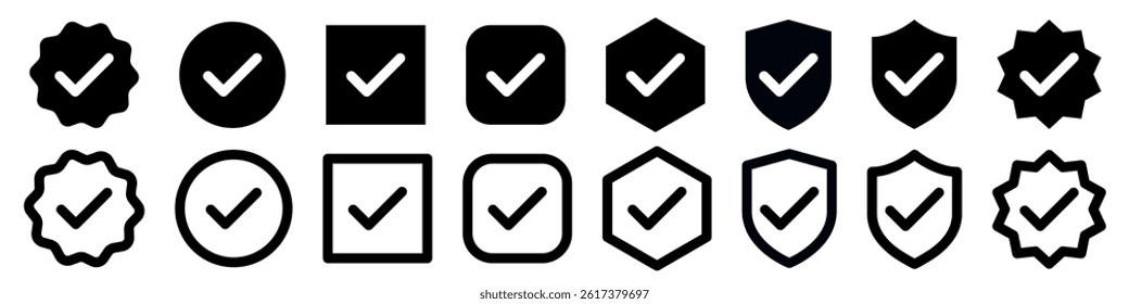 Checkmark icons. Checkmark vector set. Checked check box sign. Approved symbol. Check mark icon. Correct vote choice isolated symbol. Vector Illustration.